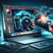 Banner for '5 Essential Photoshop Skills Every Photographer Must Master,' showcasing a digital camera, a laptop with Photoshop, and a blend of photography and digital art elements in black and blue.