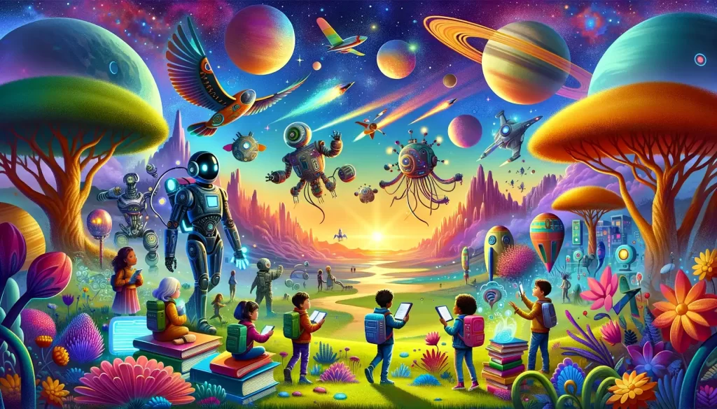 Kids and children in an open field with sci-fi characters, robots, buildings, trees and plants. The children are holding different Science-fiction books.