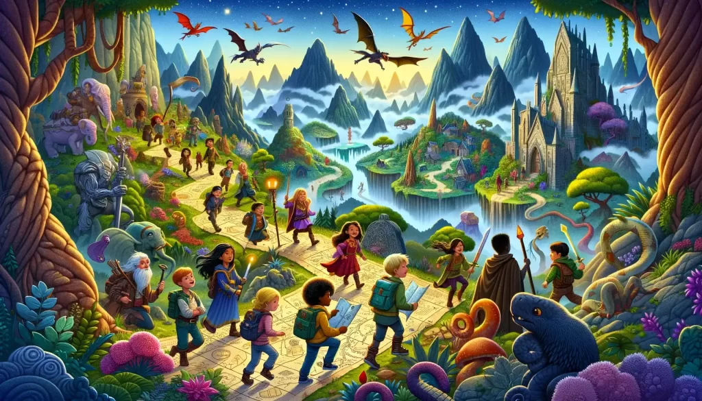 Happy children on a mystical treasure hunt in a fantasy landscape reading from a book and map