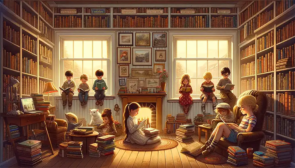Early readers and a group of children calmly reading science fiction books in a library.