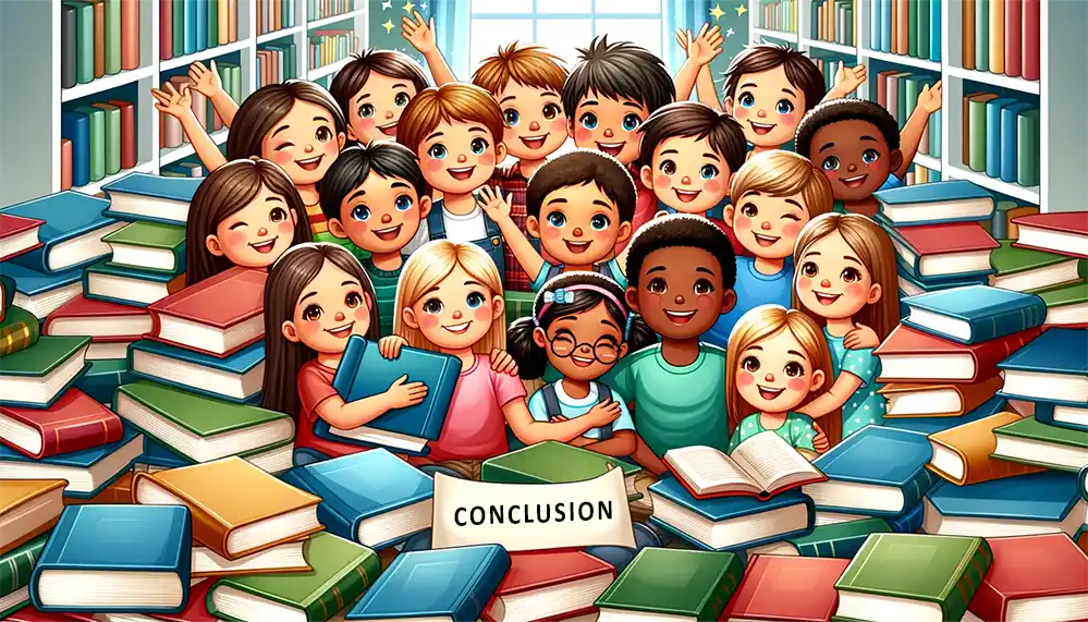 A joyful group of diverse children surrounded by books, sharing their favorite stories in a bright, welcoming setting, highlighting the love for reading.