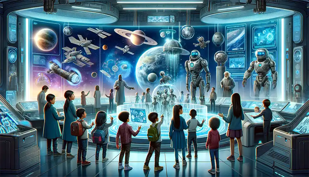 A group of young children are looking at a futuristic sci-fi museum with robots and planets because they are interested in fiction books.