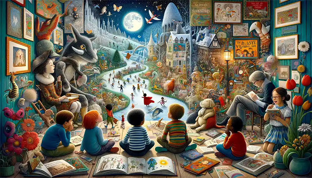 Children captivated by the magical illustrations in books like 'The Snowy Day', 'Where the Wild Things Are', and 'Goodnight Moon', in a vibrant, imaginative setting.