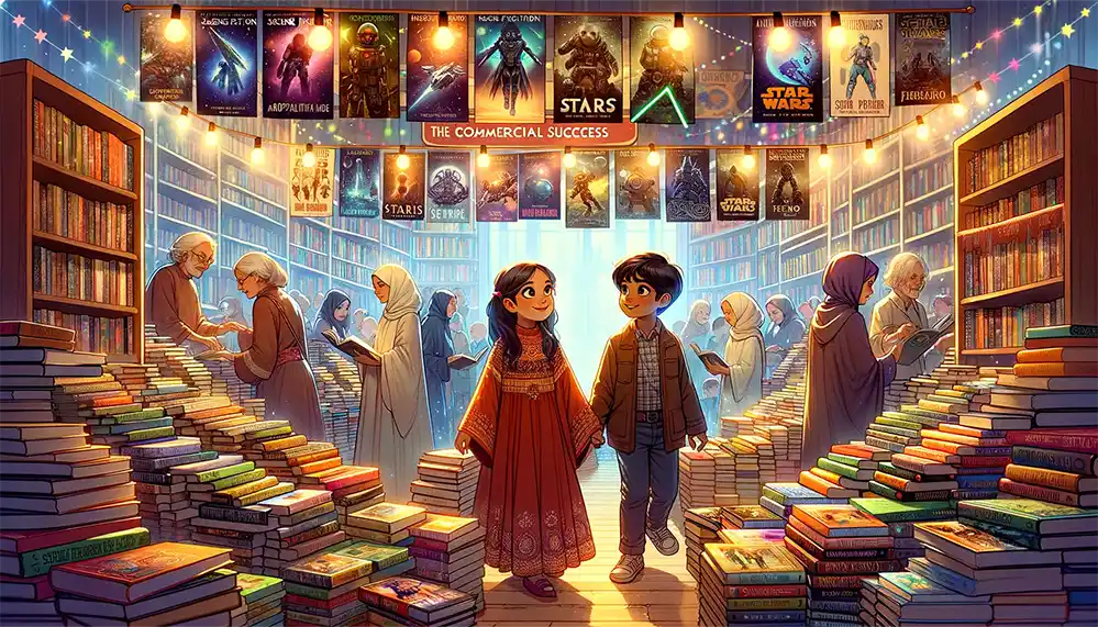 A young boy and girl holding hands in a library filled with science fiction books and posters of sci-fi stories.