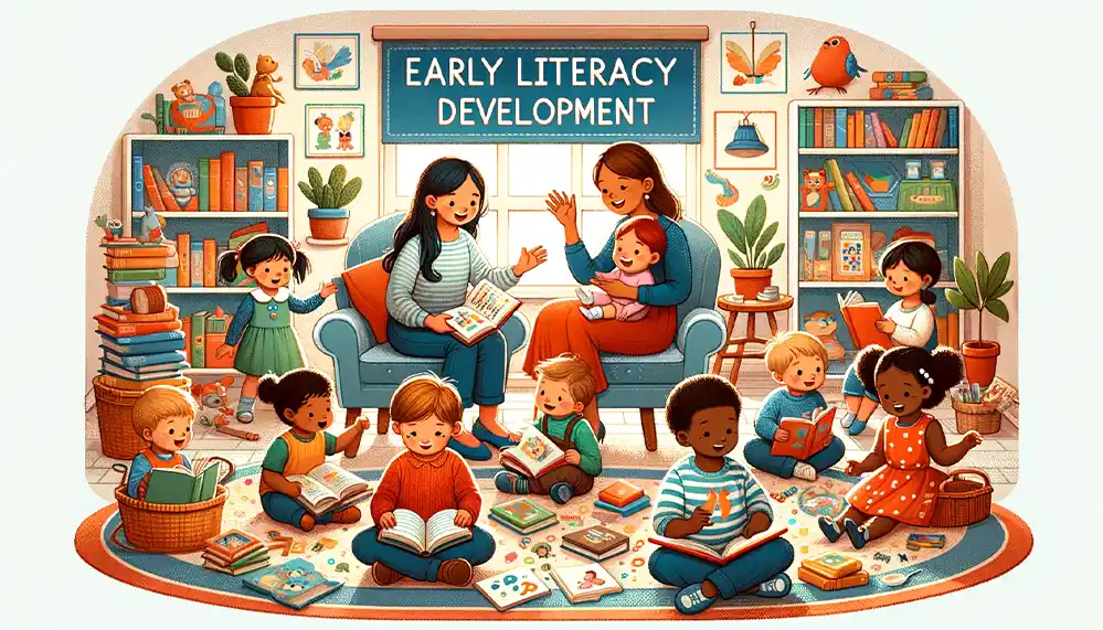Young children of diverse backgrounds participating in literacy and book reading activities in a cozy reading area, with 'Early Literacy Development' visibly emphasized.