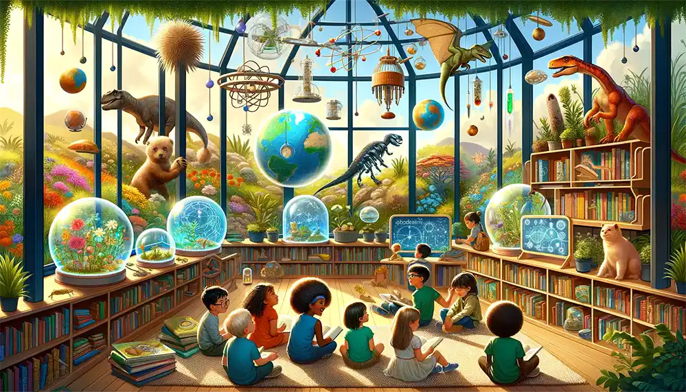 Young readers and children from different ages are sitting and reading book as the characters are depicted around them in the sky.