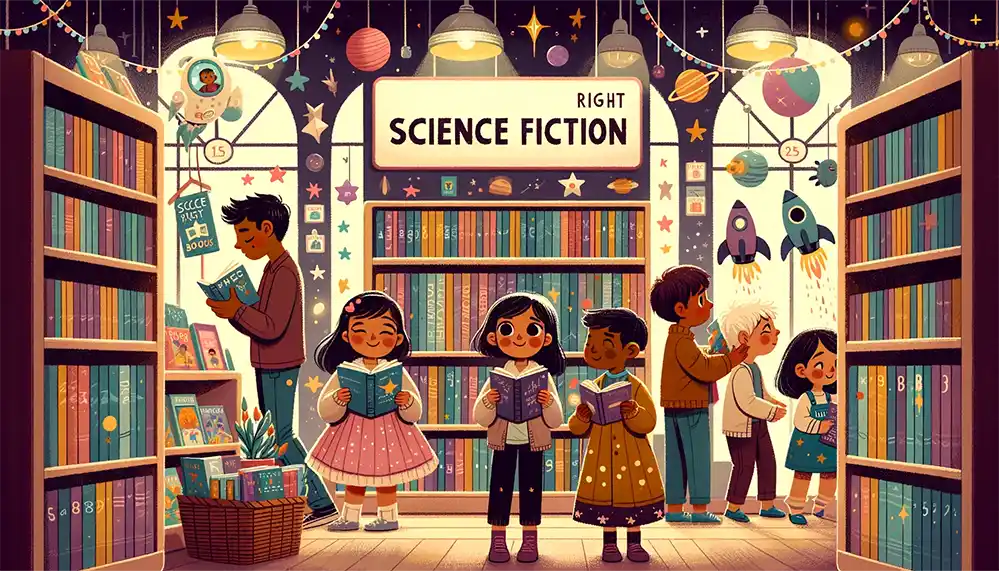 A few kids are happily reading science fiction books for children in a colorful gallery with a sign above their heads saying "Right Science Fiction"