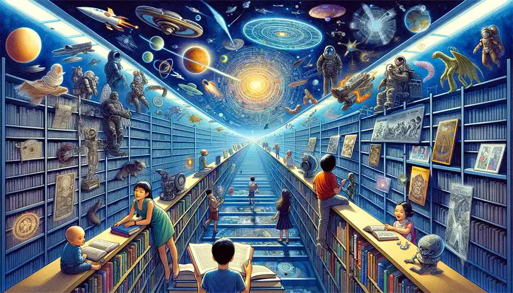 An infinite long library with kids in various ages reading and looking around at science fiction books and the open sky and universe with planets, rocket ships and astronauts,