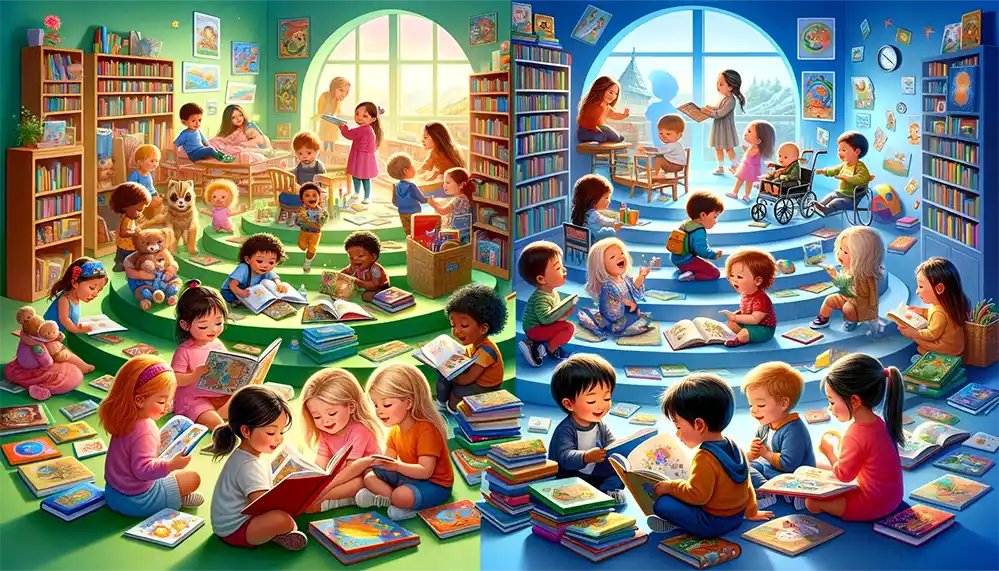 Group of children engaged in reading educational books in a vibrant library, showcasing the excitement of learning.