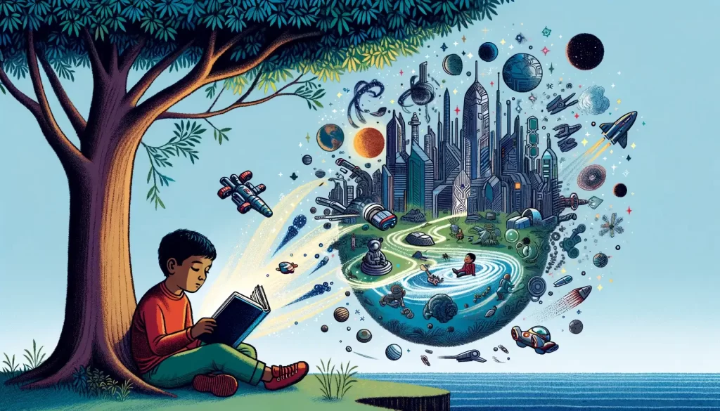 South Asian child immersed in a book under a tree, surrounded by a sci-fi landscape.