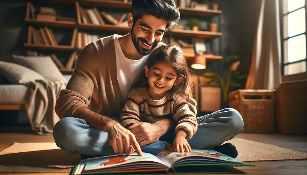A heartwarming scene of a parent or educator with a child, reading a children's book together and pointing to a page.