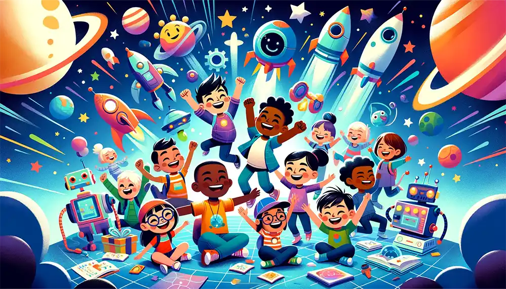 A group of children celebrating by jumping, sitting and laughing as rocket ships and science fiction elements like friendly robots and futuristic gadgets, set against a backdrop of a starry sky. 