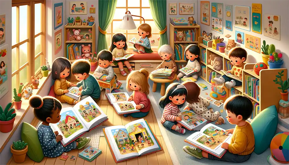 Children of different ages with age-appropriate educational books, highlighting the concept of tailored learning.