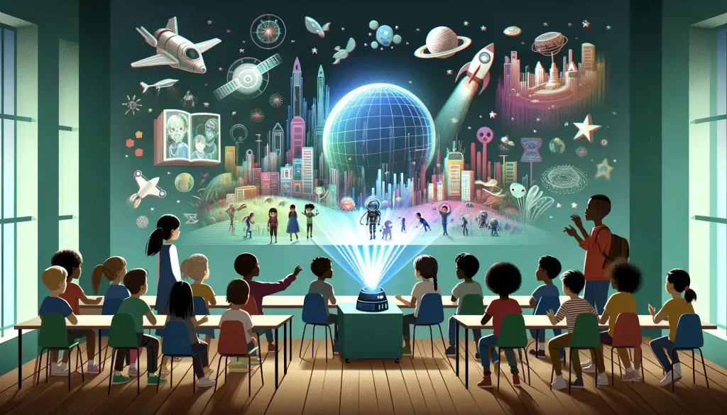 Diverse children in a classroom, fascinated by a 3D holographic sci-fi world projection.