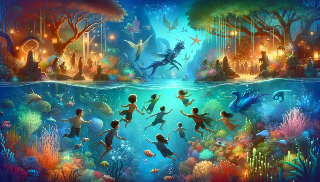 Children exploring a mystical underwater kingdom with colorful coral reefs and sea creatures