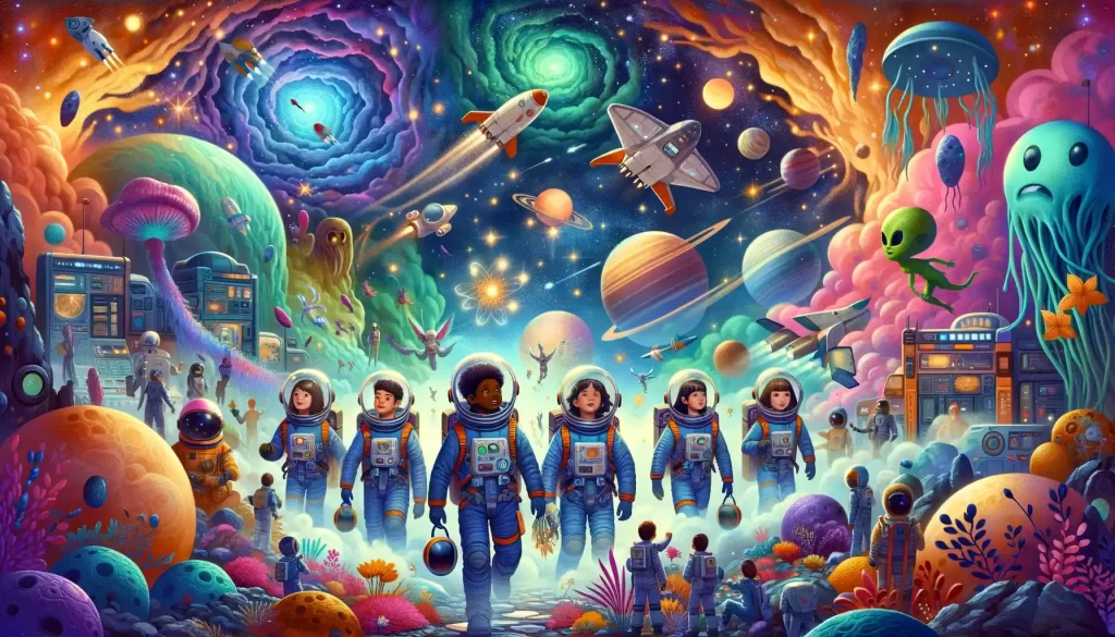 Children dressed as astronauts exploring a fantastical space landscape with nebulas and aliens.