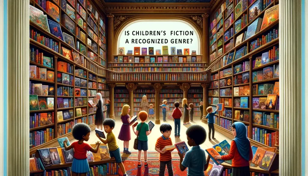 Children exploring a grand bookshelf filled with various children's fiction genres.