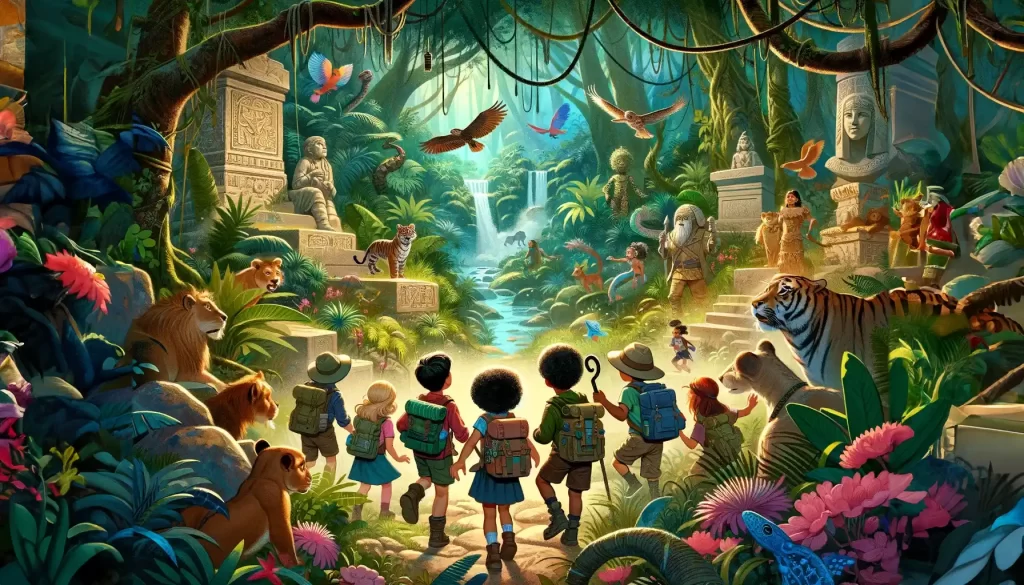 Children on a magical jungle exploration, encountering exotic animals and ancient ruins