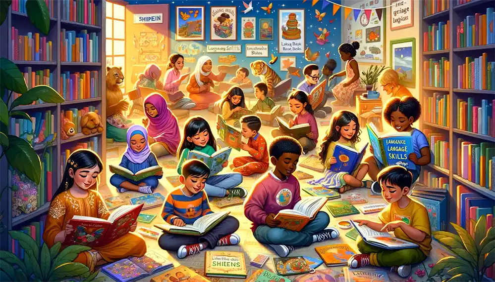Children of different ethnicities deeply engaged in reading language arts books, absorbed in stories and poetry, in a setting that celebrates language and storytelling.