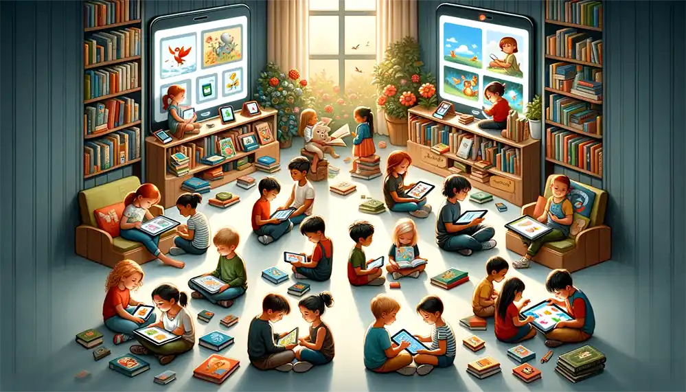 Children engaging with both eBooks and traditional printed books, illustrating the balance between modern digital reading and the classic appeal of physical books.