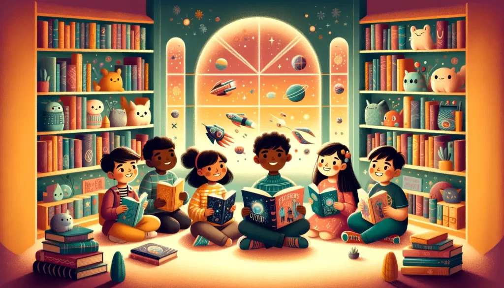 Children in a cozy nook, joyfully discovering their favorite children's science fiction books.