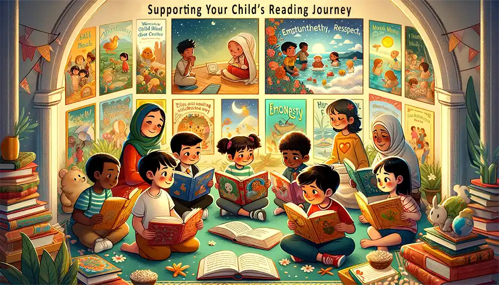 Children engaged in reading books from diverse cultural backgrounds in a classroom or library, highlighting empathy and understanding of different cultures.