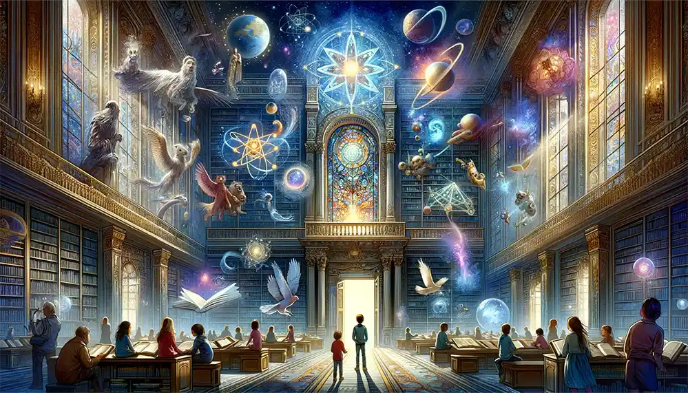 A hallway with tall ceiling where different planets and symbols of children's science fiction book authors are shining as the children and adults that are reading look up.