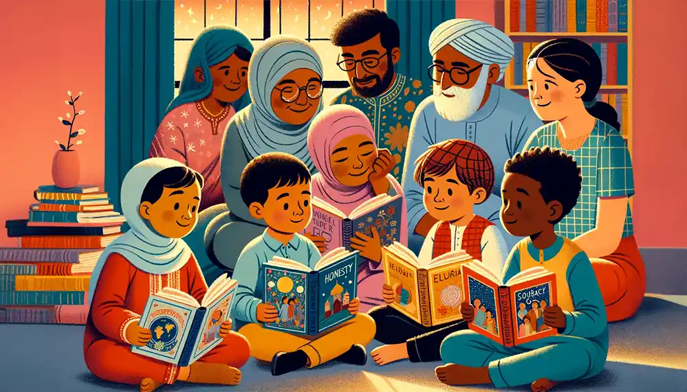 Children from diverse backgrounds reading books that impart moral and ethical values, engaged in thoughtful and reflective storytelling in a nurturing environment.
