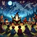 children gathered and enjoying a magical storytime under the stars with a wizard-like storyteller.