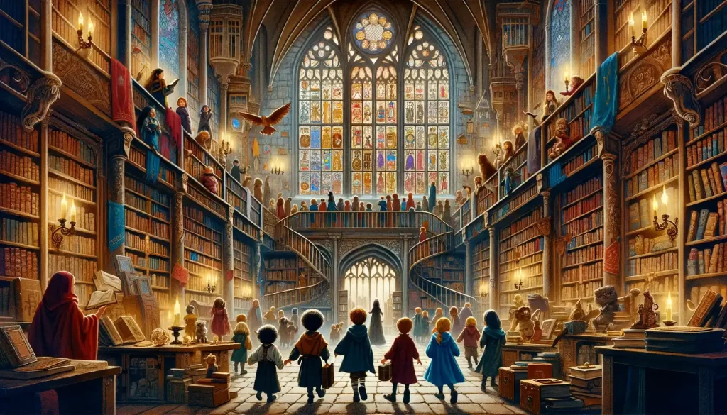 Children exploring a grand medieval castle library filled with magical books and artifacts