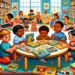 A group of toddlers in a colorful playroom exploring picture books with bright illustrations