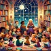 A vibrant illustration showing a group of diverse children reading in a magical library, with a starry night sky visible through a large window.