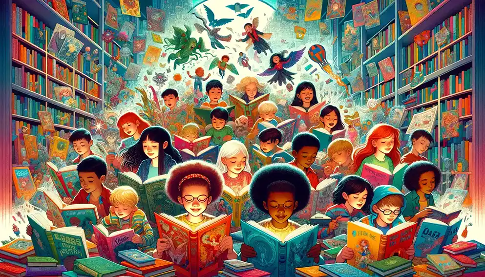 A group of diverse children reading various graphic novels in a colorful library