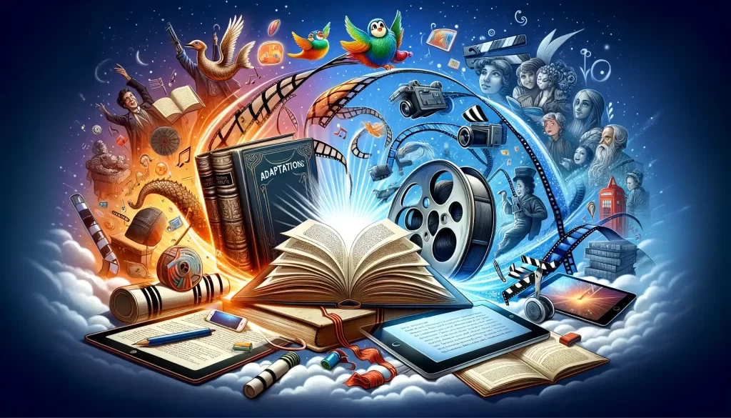 Dynamic illustration showing the evolution of classic children's literature into various media forms like film, digital books, and theater, symbolizing their enduring popularity.