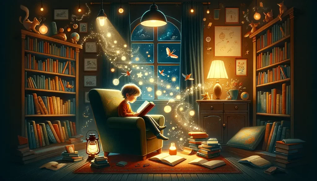 Cozy reading nook with a child engrossed in a classic book, surrounded by whimsical elements, symbolizing the magic and adventure in reading.