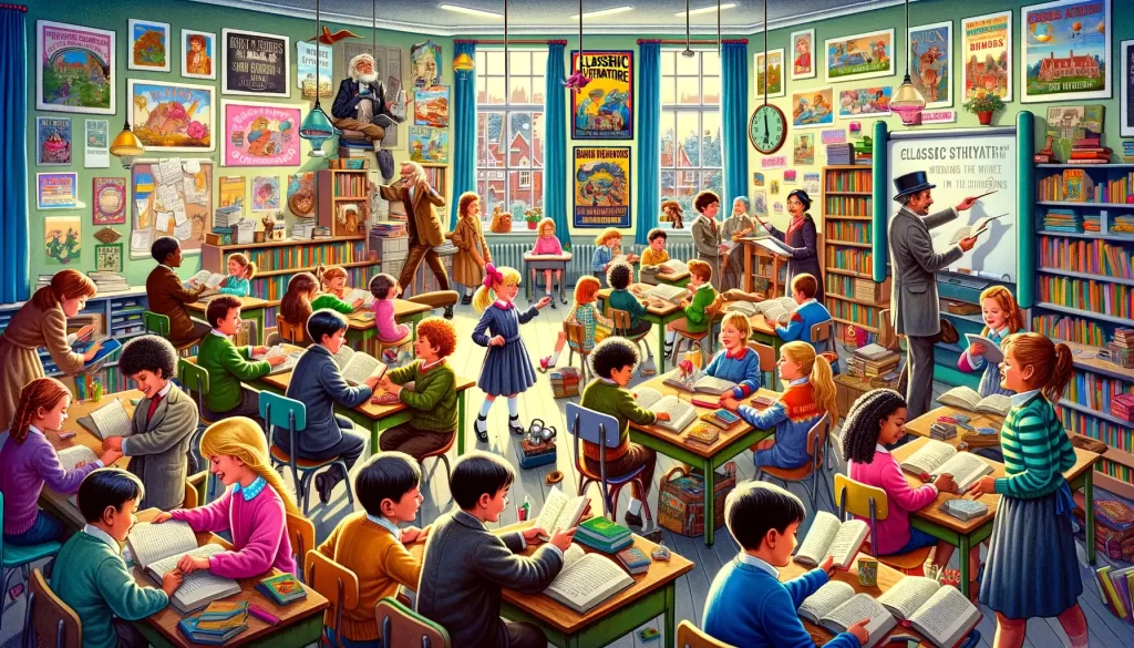 Lively and colorful classroom scene with children engaged in learning through classic stories, highlighting the educational impact of literature.