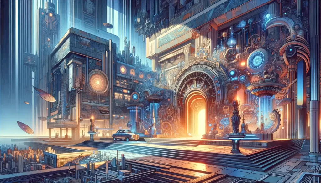 Futuristic cityscape blending elements of classic children's stories with modern designs, representing the reinvention of classic themes in a contemporary context.