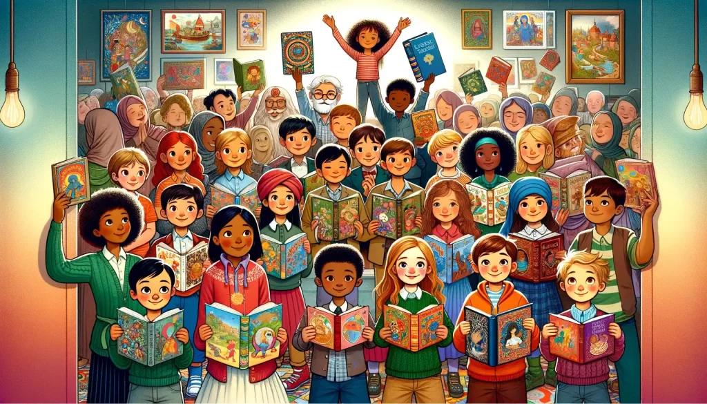 Illustration showing a diverse group of children with books reflecting their heritage in a vibrant, inclusive environment, celebrating cultural diversity in children's literature.