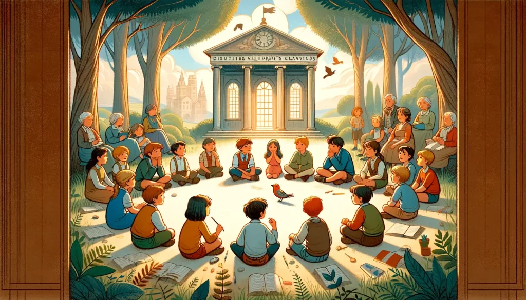 Scene of children in a circle, engaged in a storytelling session, expressing emotions like empathy and kindness, highlighting the moral lessons in classic stories.