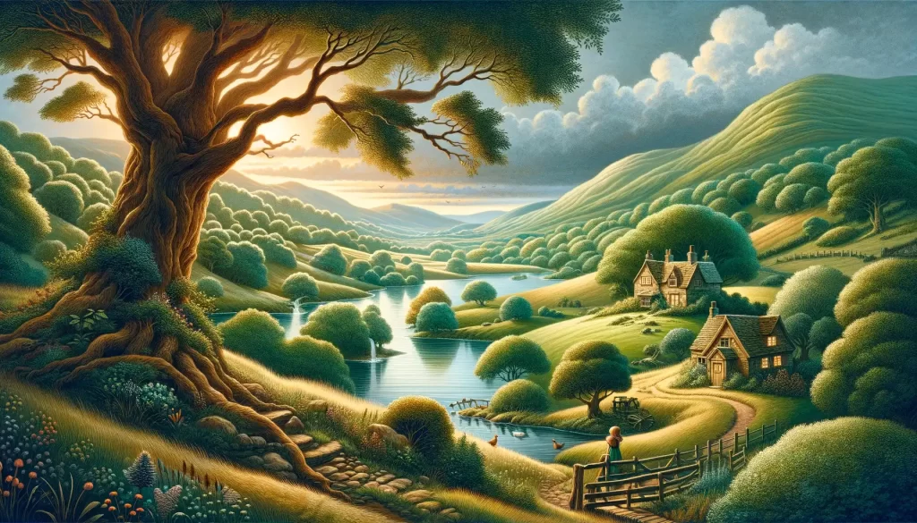 Picturesque landscape evoking timeless storytelling, with rolling hills, a peaceful river, and a quaint cottage, reflecting the essence of children's literature.