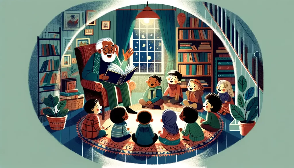 Heartwarming scene of diverse children gathered around an elder, listening to classic tales in a cozy setting, depicting the importance of storytelling.