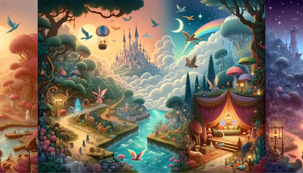 Fantastical world with a colorful and happy forest, mythical creatures, and magical elements like a fairy tale castle and flying carpet, embodying the magic in children's stories.