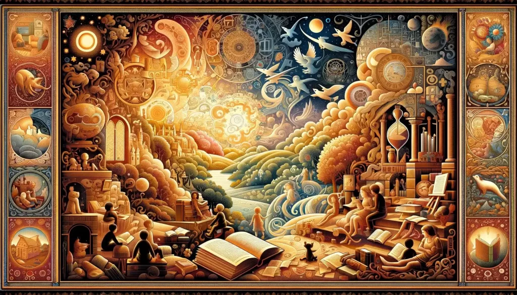 Tapestry of elements from classic children's literature, featuring children reading, magical landscapes, symbolizing the timeless appeal and impact of these stories.