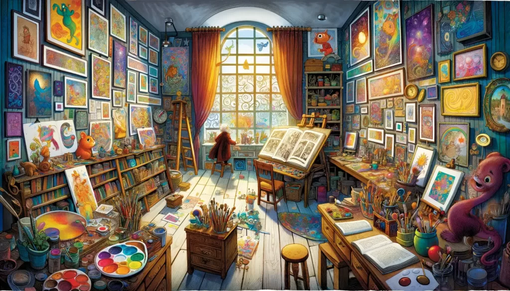 Vibrant art studio filled with colorful drawings and sketches, representing the creative process behind illustrating children's books.