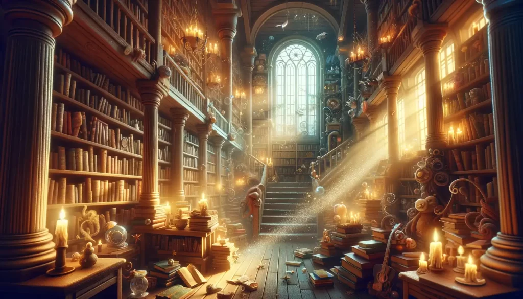 Magical library with enchanting bookshelves and a warm, inviting atmosphere, symbolizing the adventure and fantasy of children's classics.