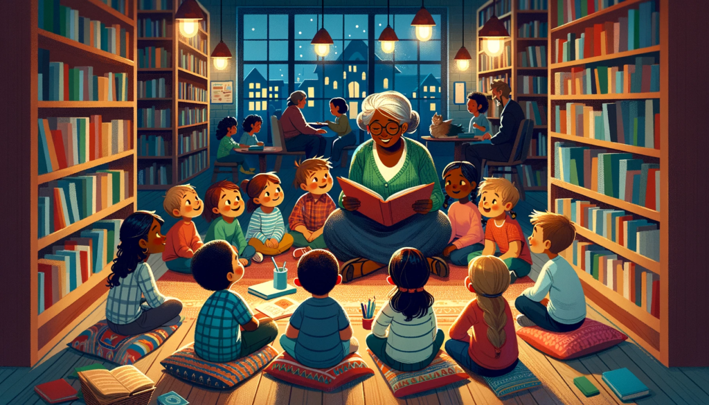 Diverse children enjoying a storytime session with an African librarian in a cozy community library with parents and grandparents.
