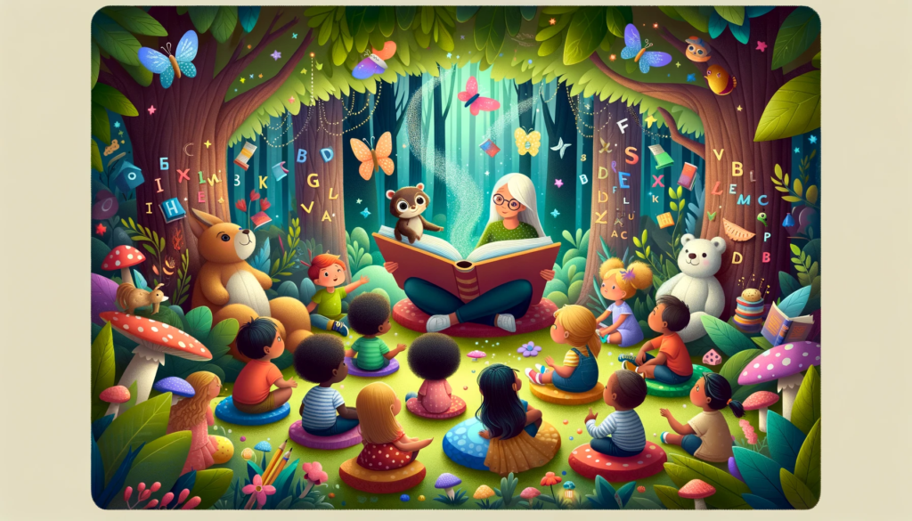 Toddlers in a fantasy forest listening to a story, surrounded by whimsical book-themed nature
