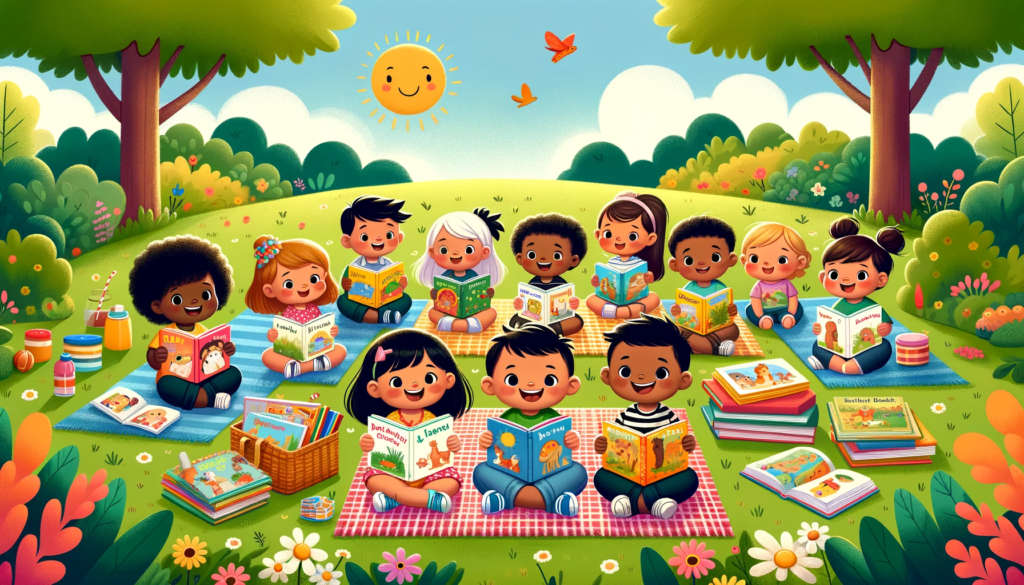 Toddlers in a colorful playroom exploring picture books with bright illustrations