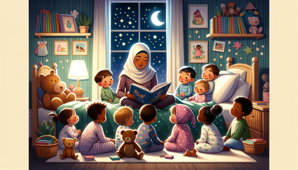 Toddlers enjoying a bedtime story with a Middle-Eastern parent in a cozy bedroom