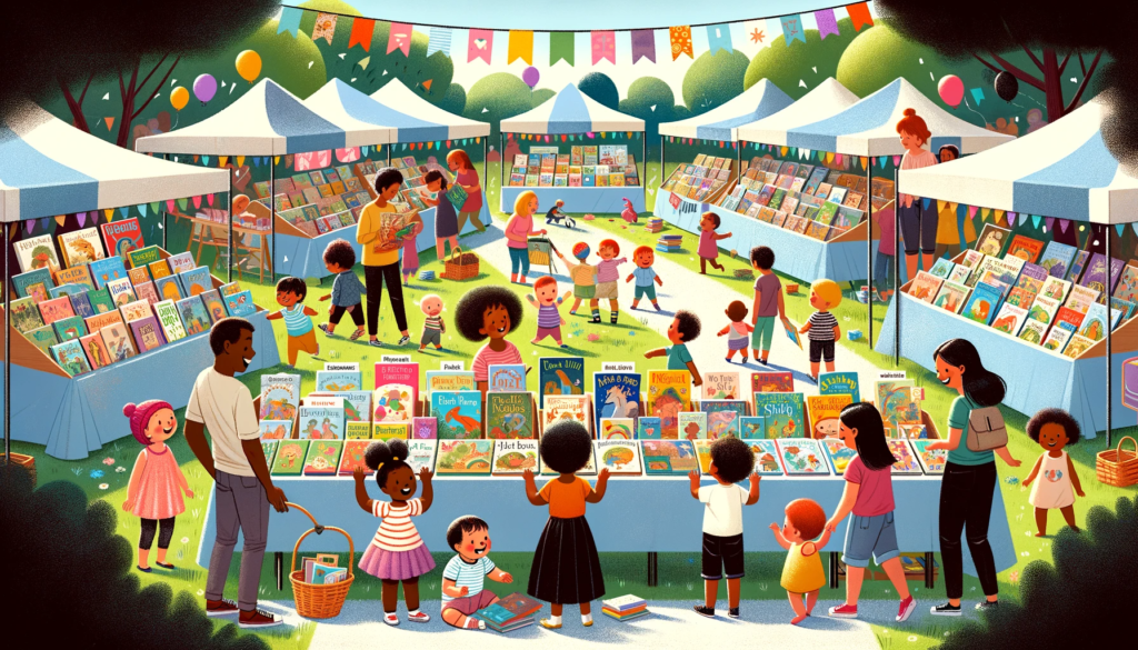 Toddlers with parents at a festive outdoor book fair, exploring various picture books